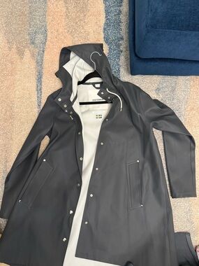 Stutterheim Mosebacke Grey Hooded Raincoat Snap Front MSRP $350